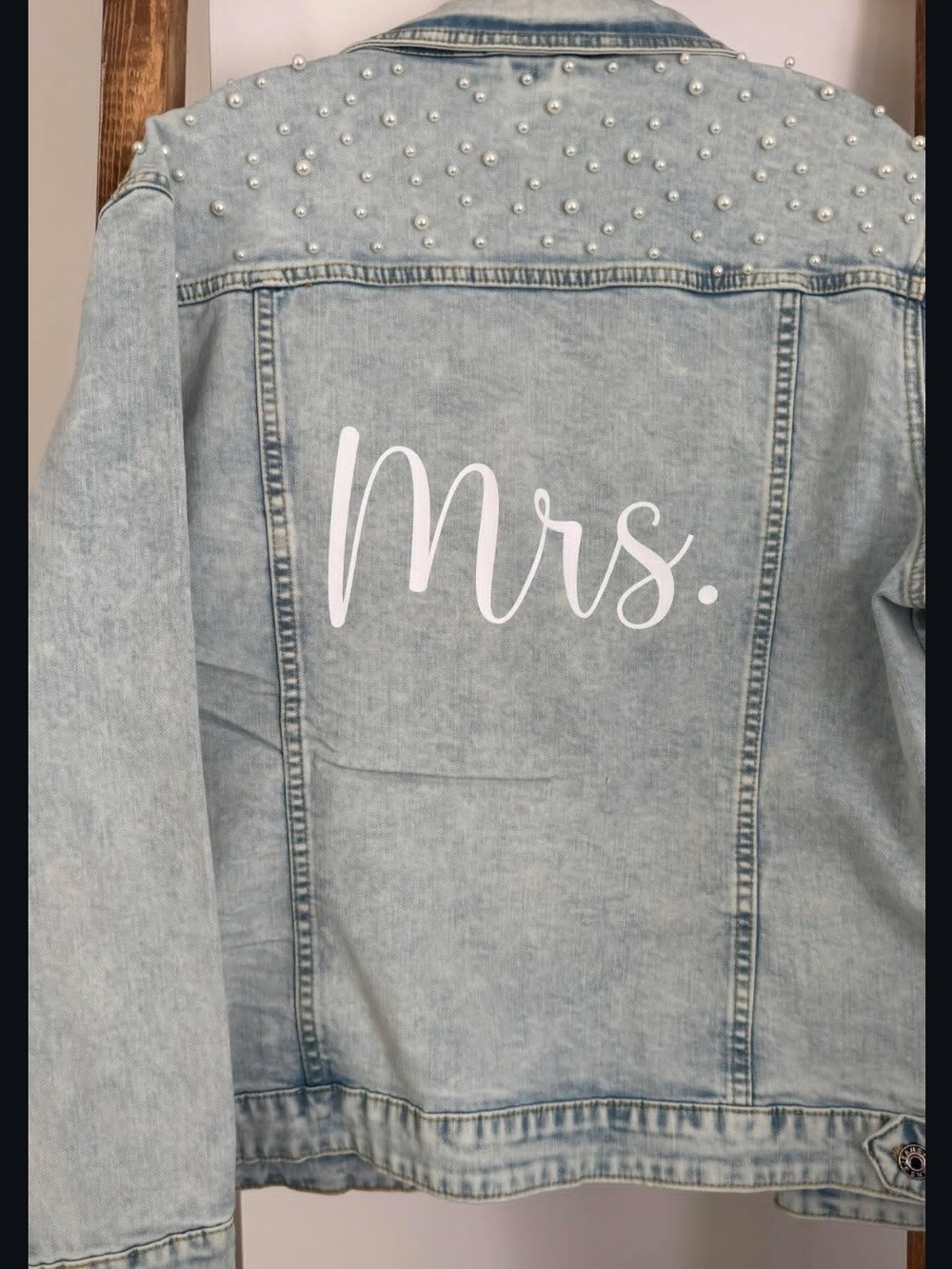 Light Wash Denim Jacket with Pearl Studs and 'Mrs.' Back